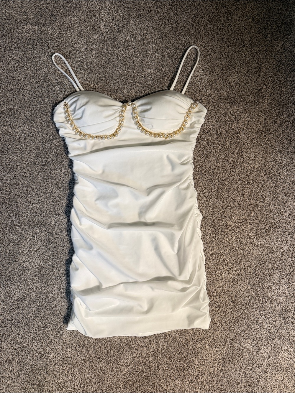 Privately Privileged Ruched White Mini Dress with Gold Chain Detail